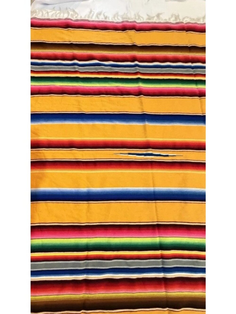 Vintage 80s Yellow Mexican Serape Blanket Colorful Stripes Boho Fringe 82" x 60 - Picture 5 of 16
